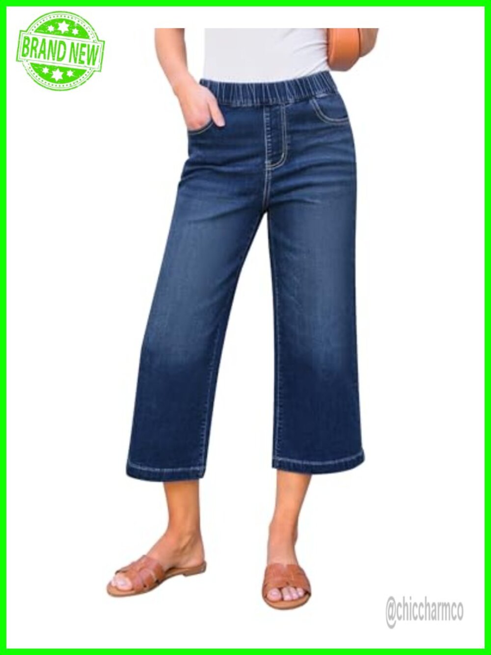 Wide Leg High Waisted Pull On Stretchy Denim Capri Jeans with Pockets